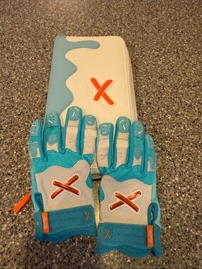 Absolutely Ridiculous YM Batting Gloves and Case Set - Aqua/White with Orange